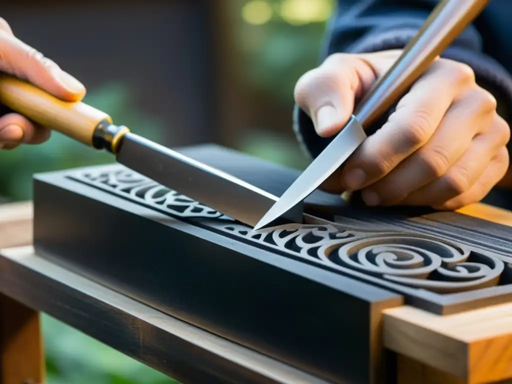 Un artesano japonés talla una herramienta tradicional de jardinería con precisión, destacando la maestría y técnicas centenarias