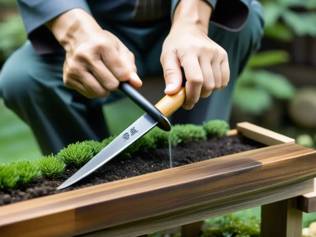 Un artesano japonés usando herramientas tradicionales de jardinería con precisión y destreza en un sereno jardín japonés