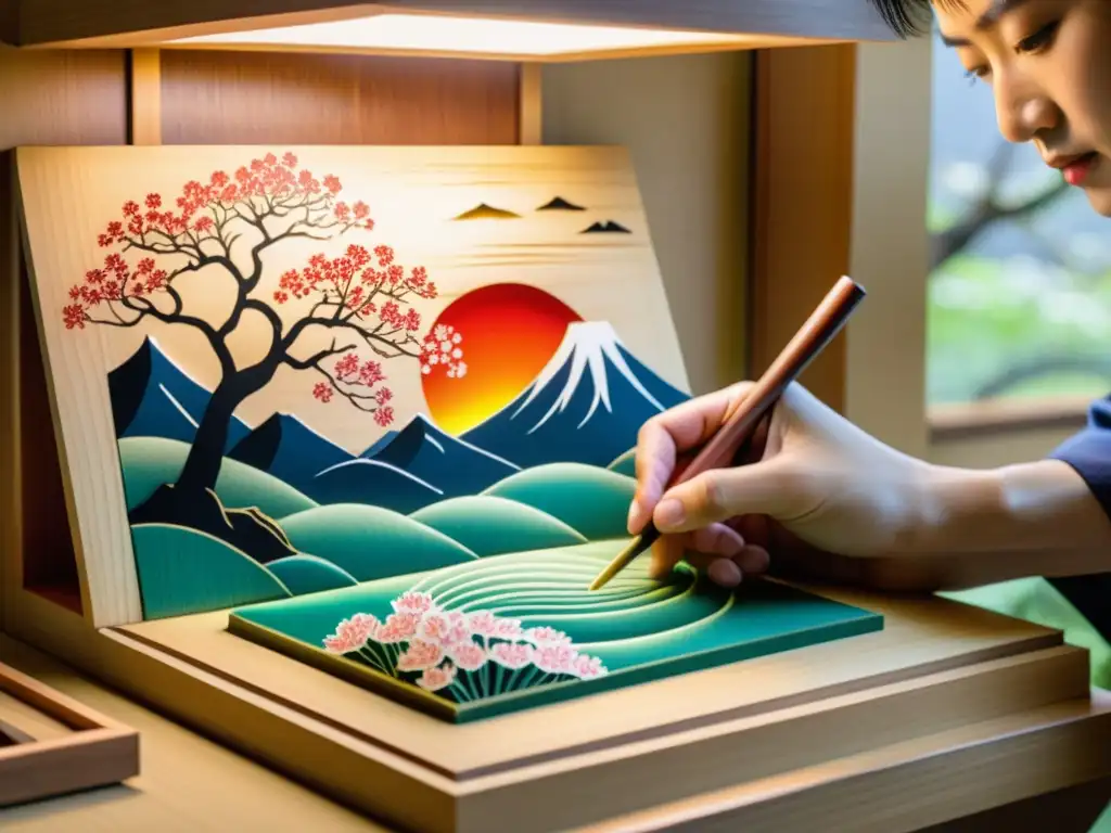 Un artesano japonés crea una impresión en madera tradicional, capturando la belleza de un paisaje sereno con cerezos en flor