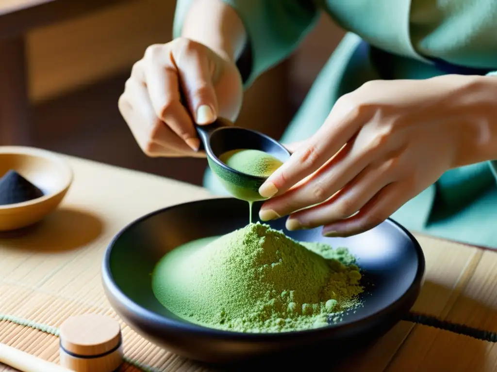 Un artesano japonés mezcla ingredientes naturales para crear cosmética japonesa minimalista, mostrando respeto por la filosofía ambiental