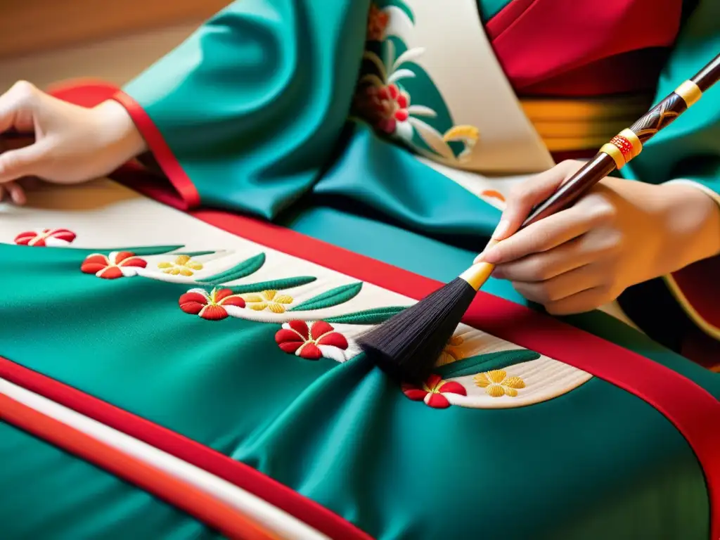 Un artesano japonés borda un kimono con meticulosidad, destacando los detalles, colores y puntadas