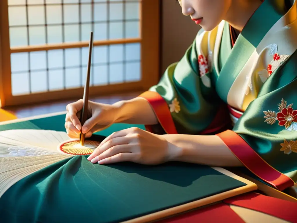 Artesano japonés elaborando meticulosamente un kimono tradicional con patrones intrincados y colores vibrantes en un taller sereno y soleado