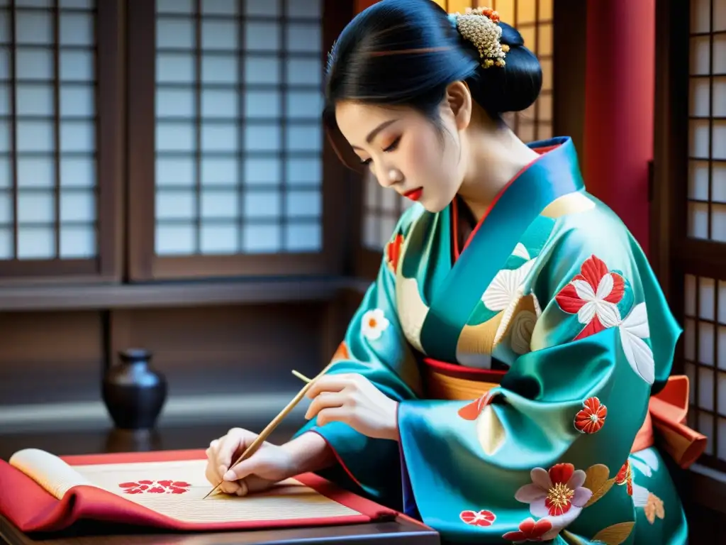 Un artesano japonés borda un kimono tradicional en una bulliciosa calle de Tokio, capturando la evolución moda lujo Japón