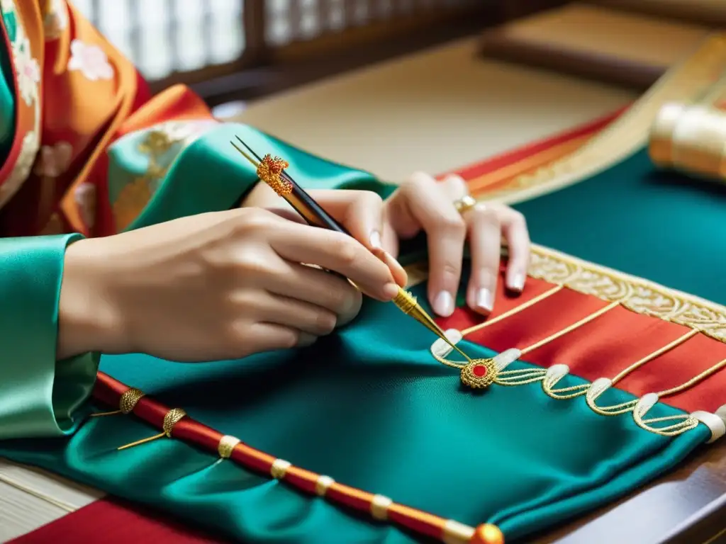 Artesano japonés cosiendo a mano un kimono de seda con meticulosidad y precisión, en un taller tradicional japonés