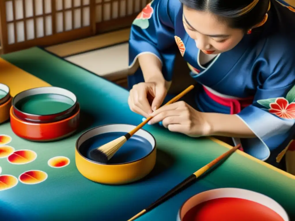 Un artesano japonés pinta a mano un yukata con patrones intrincados y colores vibrantes, rodeado de pigmentos y pinceles