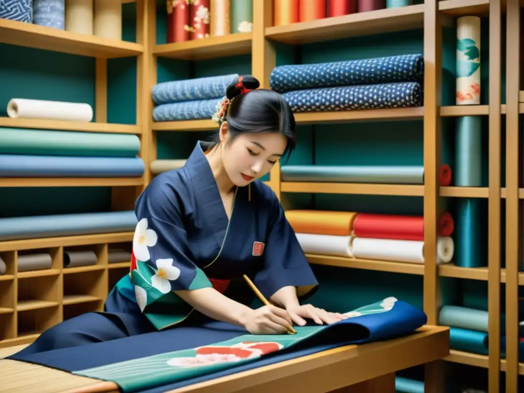 Un artesano japonés pinta a mano un yukata con patrones intrincados, rodeado de telas y herramientas tradicionales