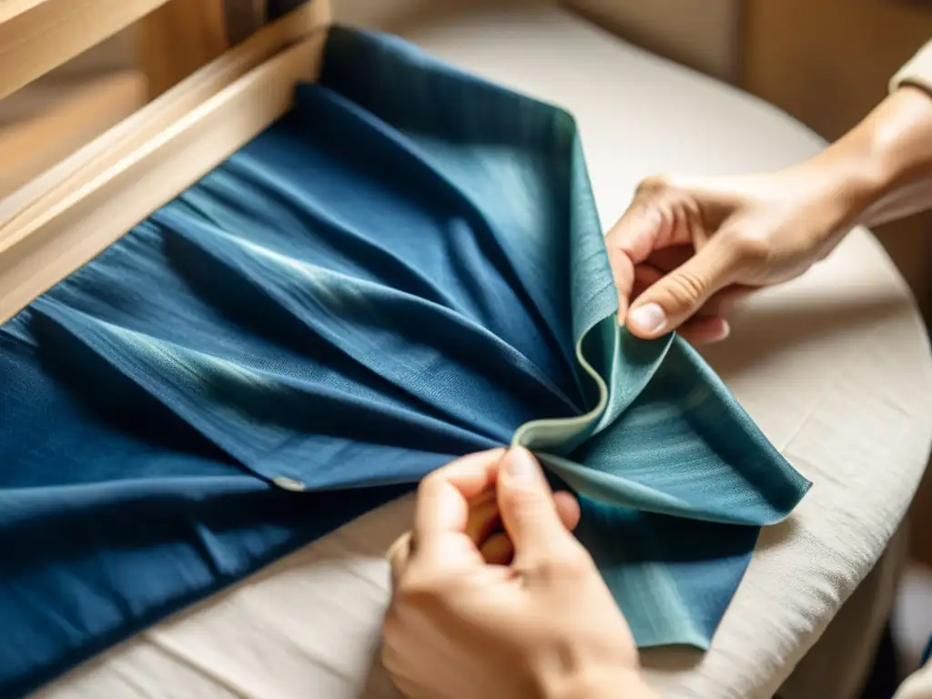 Artesano japonés practicando la meticulosa técnica de Shibori en tela, evocando tradición y maestría artística