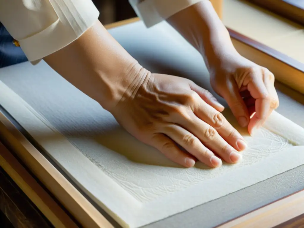 Un artesano japonés moldea delicadamente papel washi, destacando la fabricación ancestral y la cultura japonesa