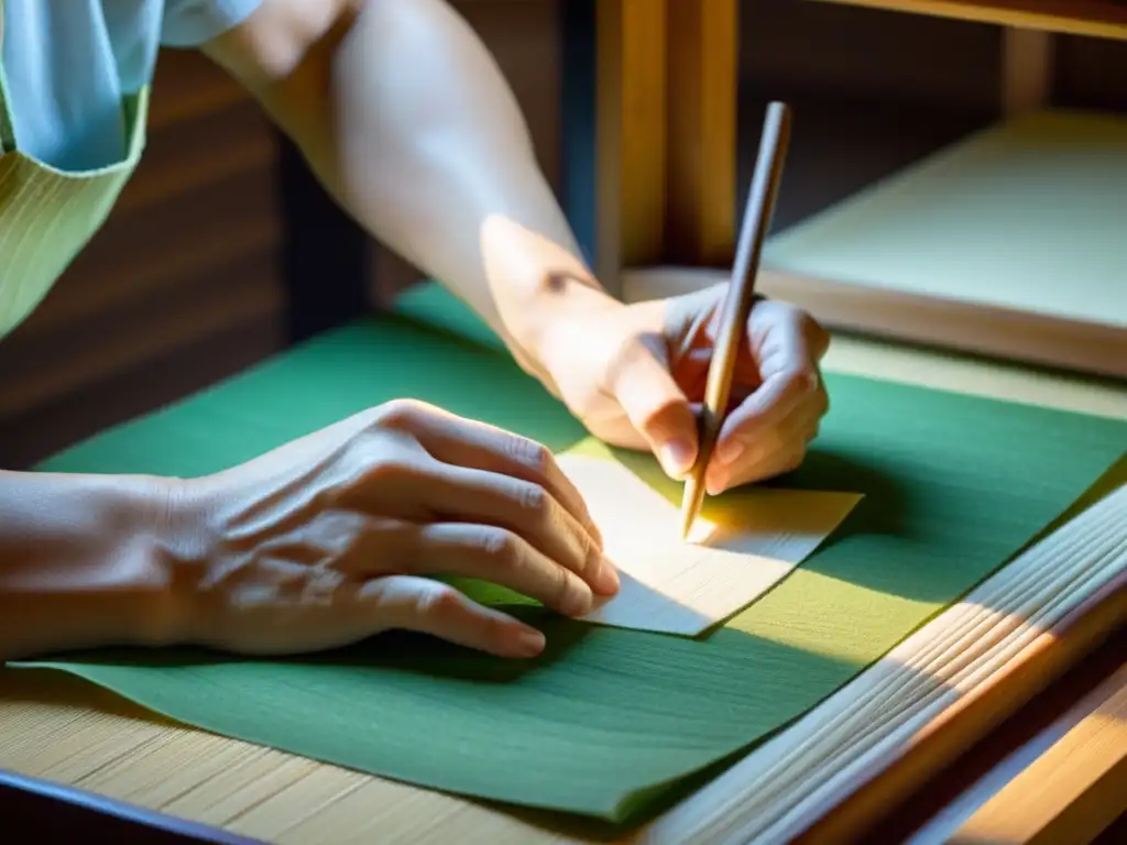 Un artesano japonés fabrica papel washi con meticulosidad ancestral, mostrando la delicadeza de las fibras y herramientas tradicionales