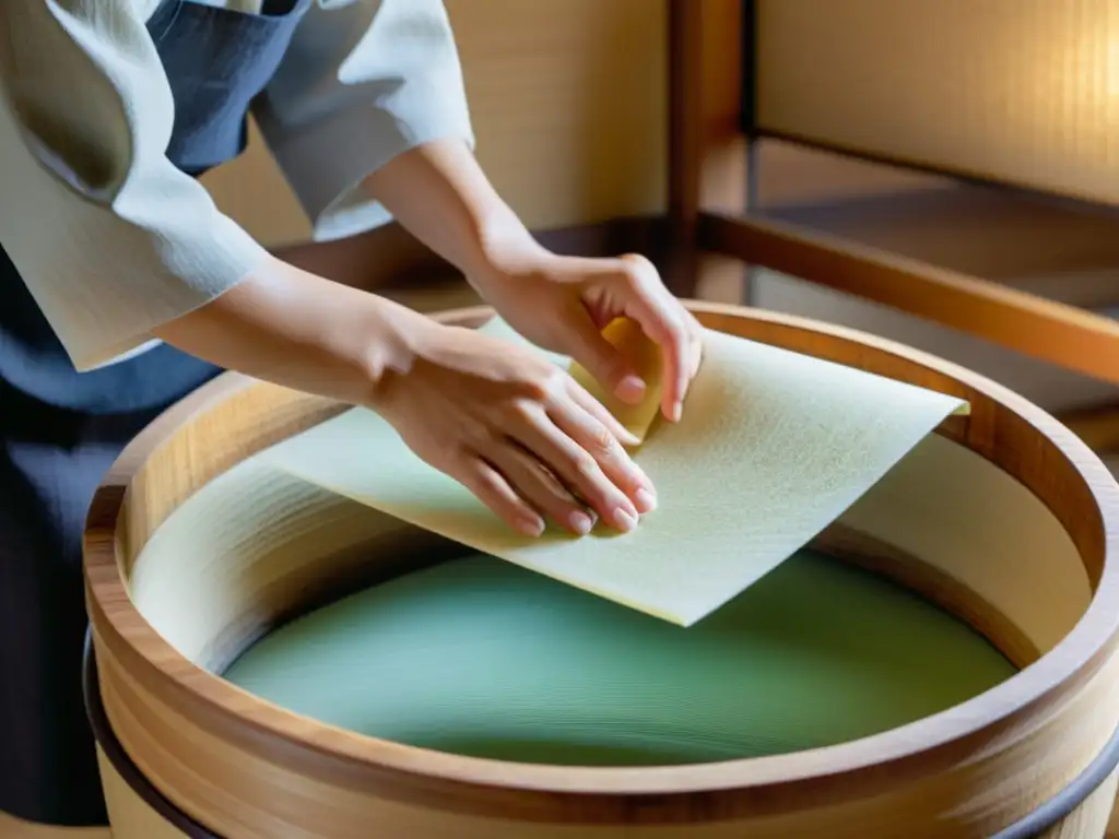 Artesano japonés elaborando papel washi con técnicas ancestrales, inmerso en la cultura japonesa de fabricación de papel