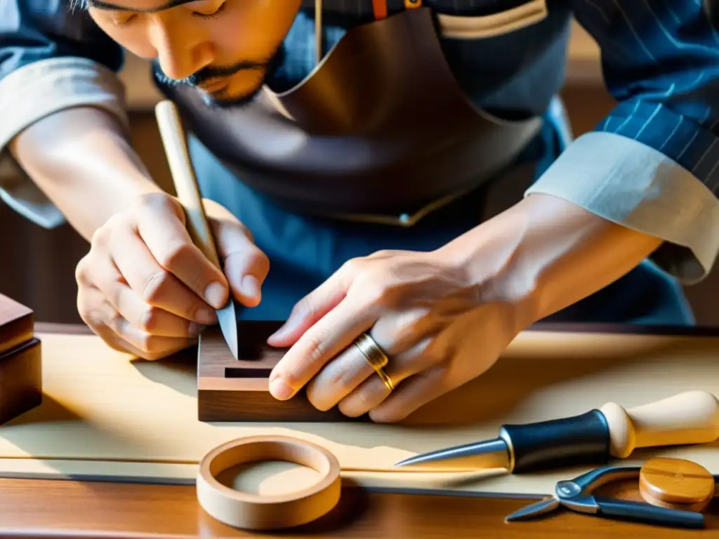 Un artesano japonés talla una pulsera de madera, fusionando la tradición con la tecnología en una escena bañada por cálida luz natural