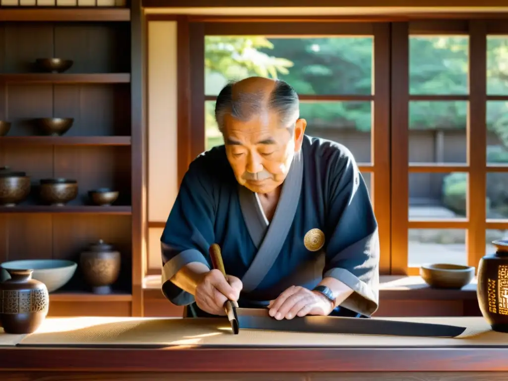 Un artesano japonés talla con cuidado una espada samurái, con luz solar iluminando sus manos y creaciones detalladas