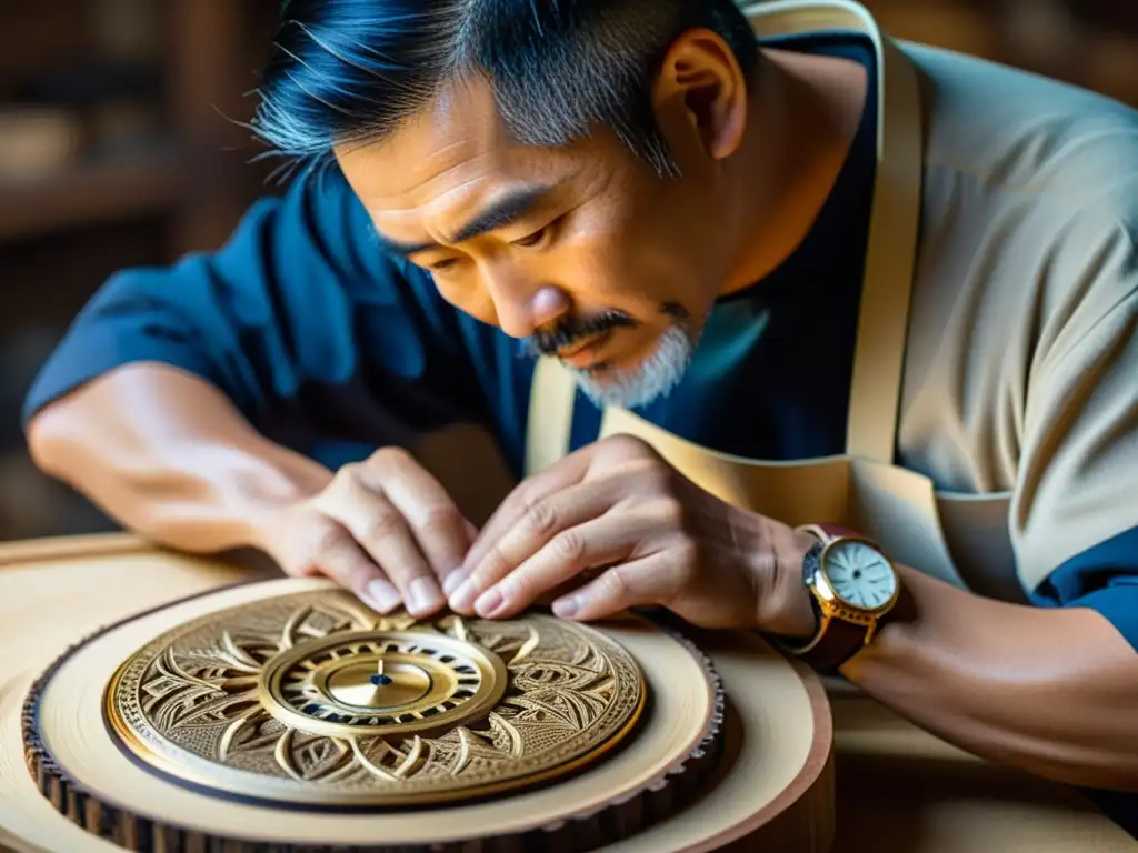 Un artesano japonés talla patrones en un reloj de madera, con herramientas ancestrales