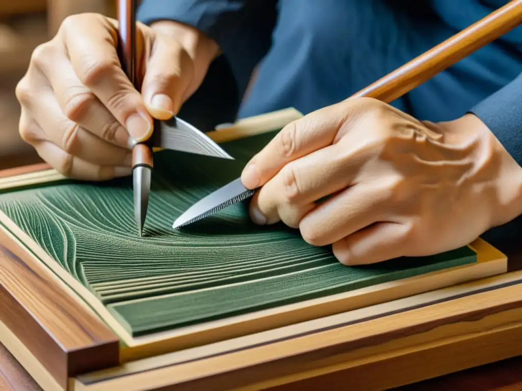 Un artesano japonés talla con precisión un grabado en madera asiático, mostrando la evolución del arte tradicional