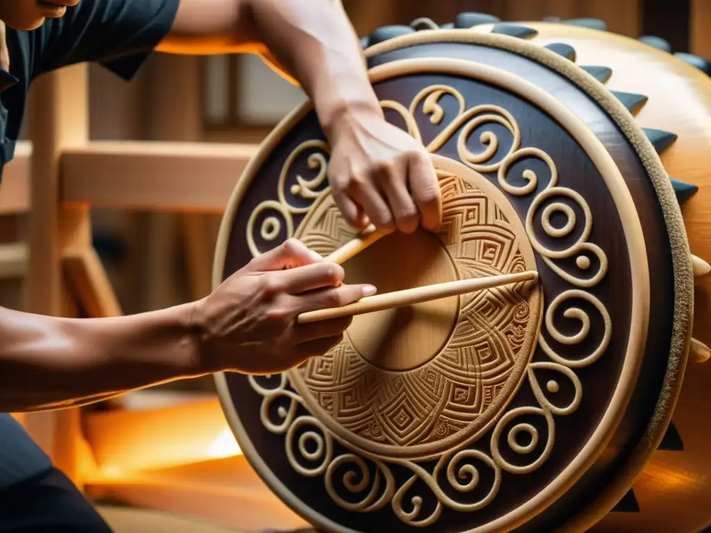 Un artesano japonés talla con maestría un taiko, rodeado de virutas de madera, en un taller iluminado