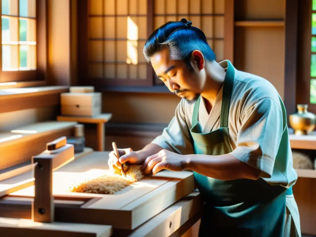 Un artesano japonés talla con precisión en su taller, exudando la ética del trabajo en cultura japonesa