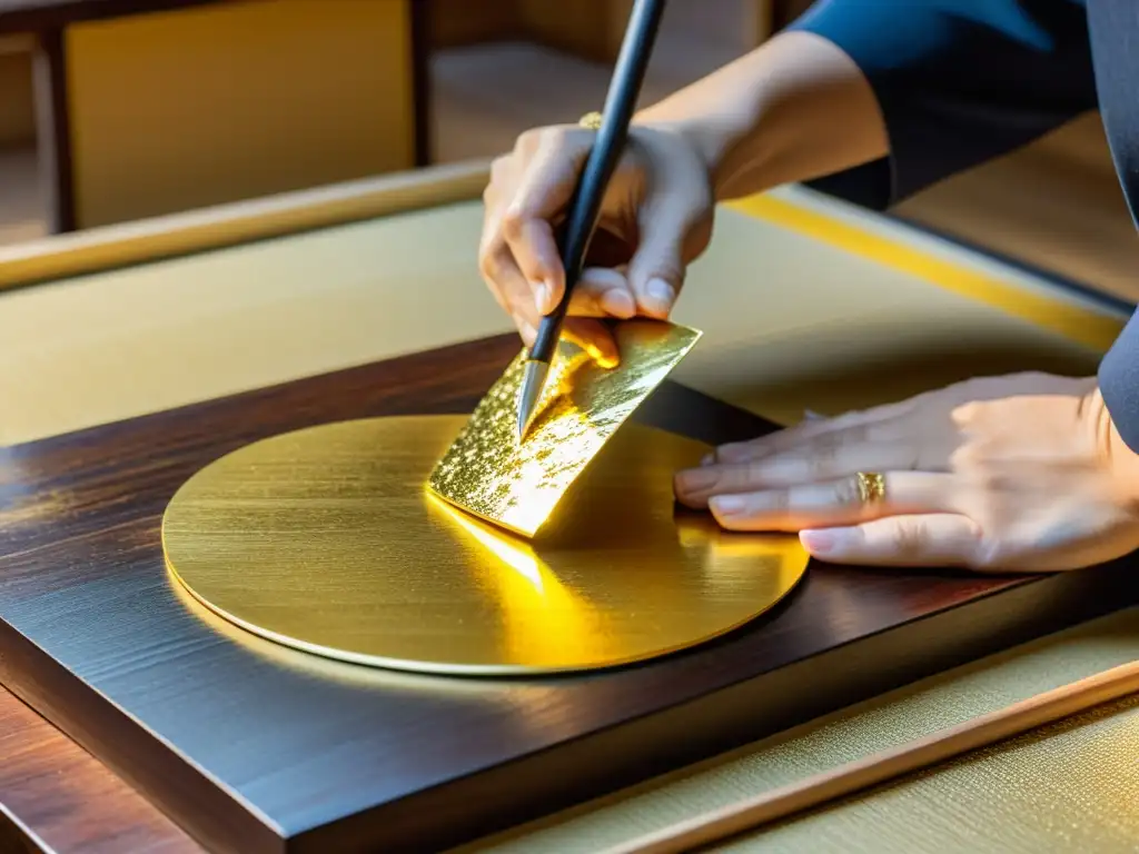 Un artesano japonés aplica con precisión la técnica dorado arte japonés a una superficie de madera, creando una obra de arte