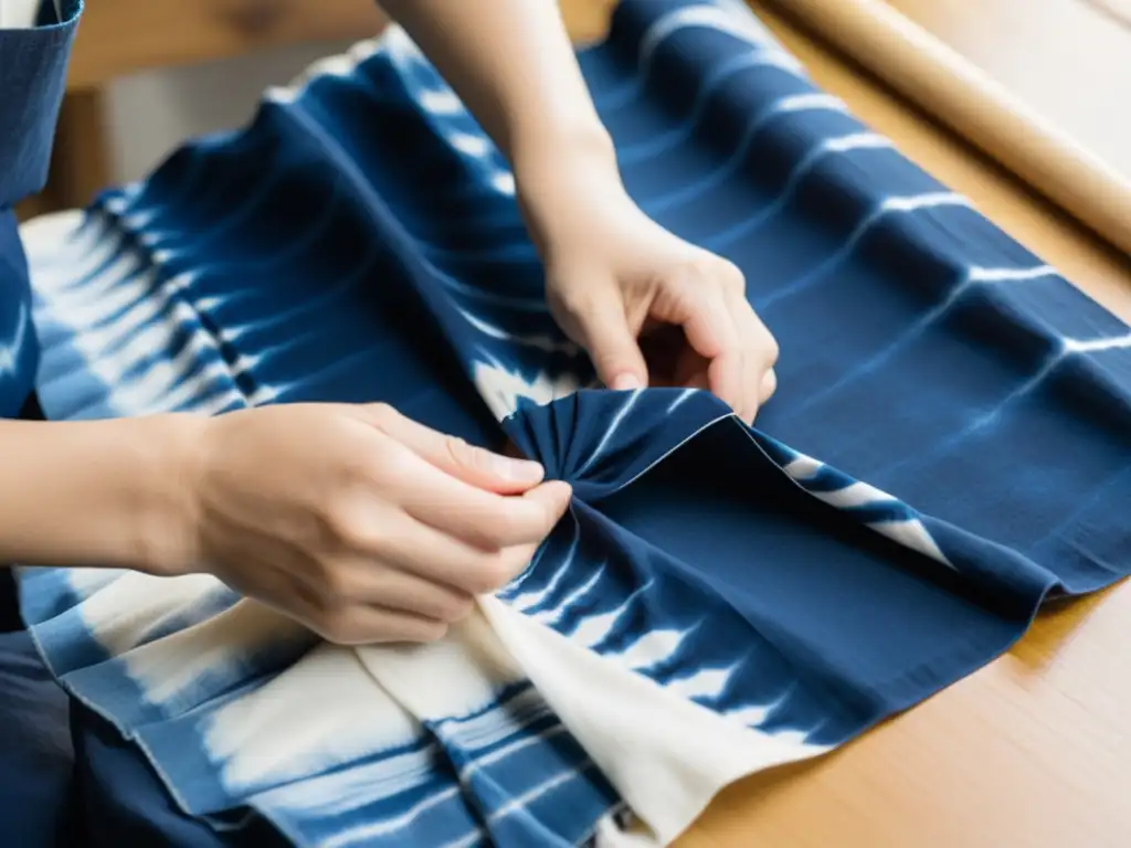 Artesano japonés realiza la técnica de shibori en tela blanca con índigo, llevando la moda occidental a nuevas alturas