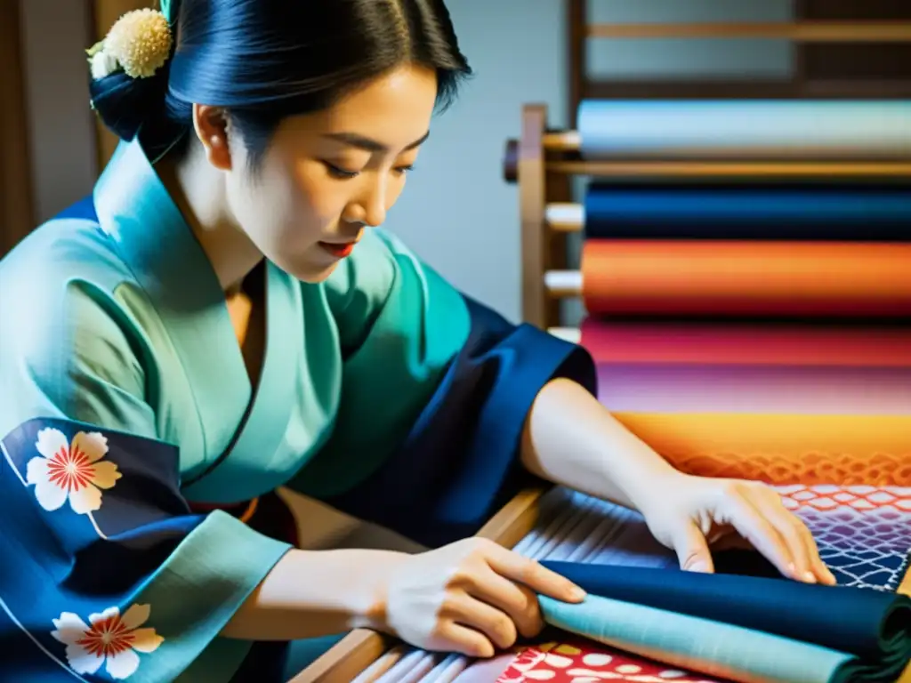 Un artesano japonés tiñendo a mano un vibrante yukata con un patrón intrincado, mostrando la historia, arte y cultura del yukata