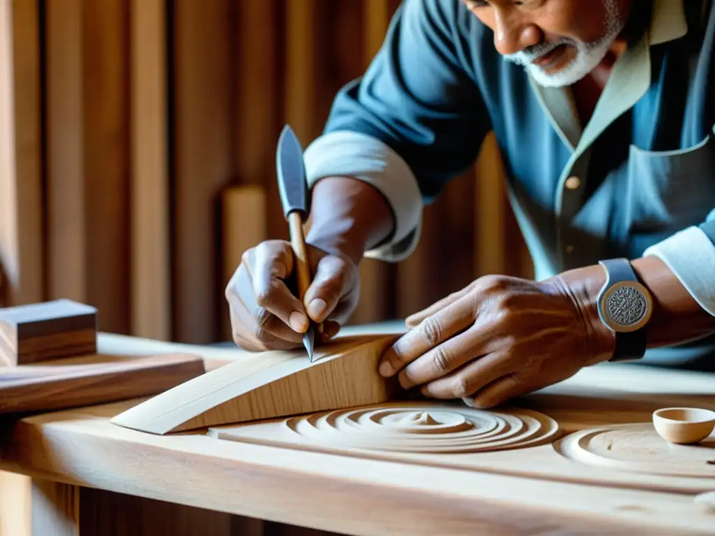 Artesano esculpe madera con herramientas tradicionales, mostrando la artesanía en la Era de la Impresión 3D