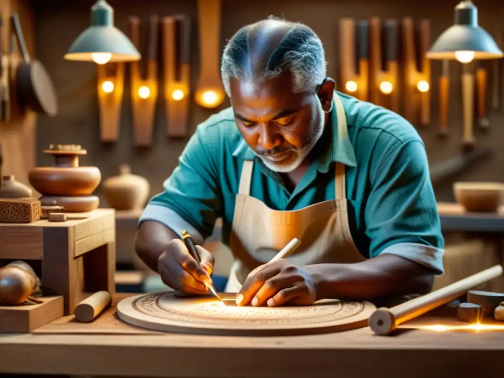 Artesano tallando madera con herramientas tradicionales en un taller iluminado, capturando la artesanía en la Era de la Impresión 3D