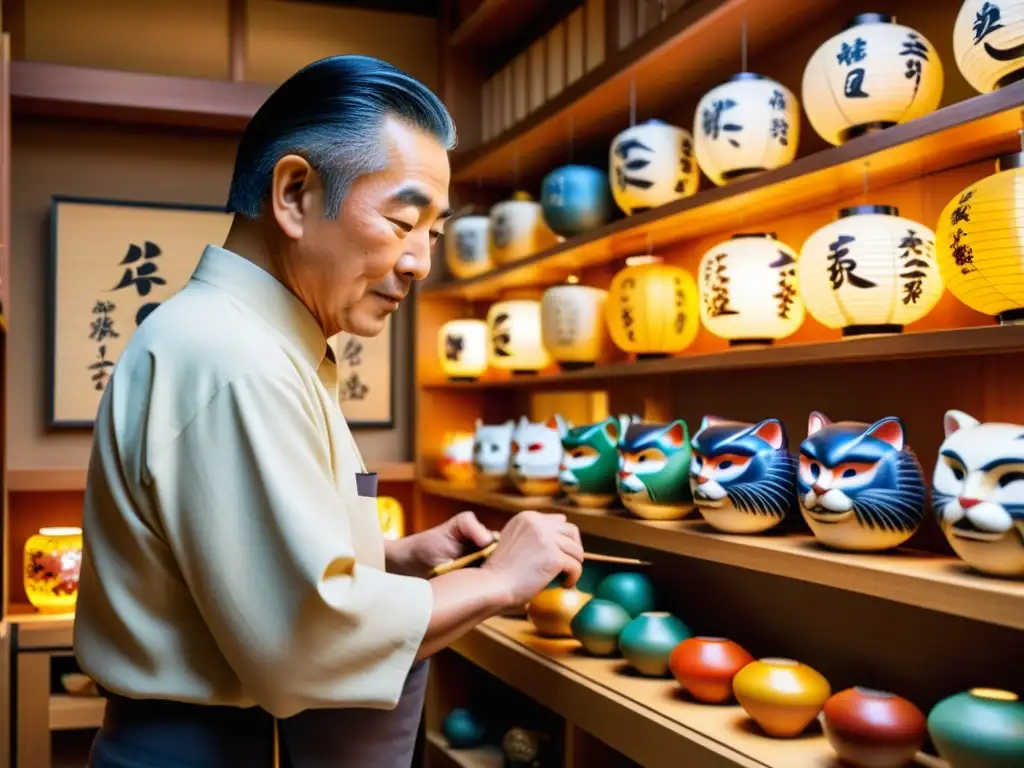 Un artesano maestro en Kyoto talla meticulosamente una máscara de madera rodeado de cerámica colorida y pinceles de caligrafía