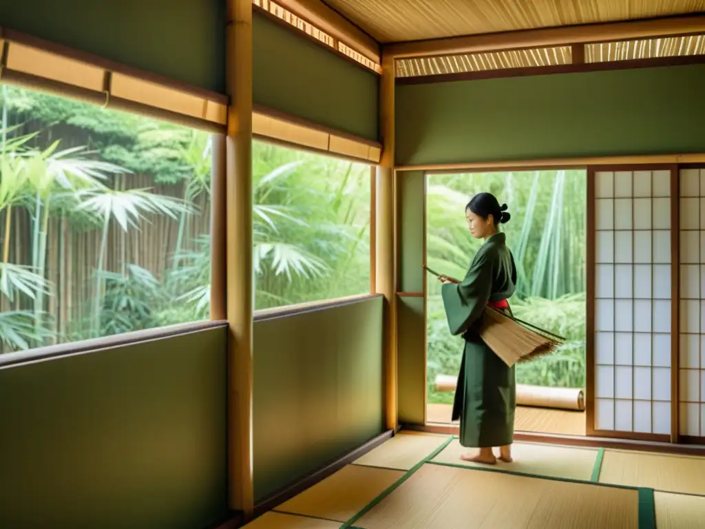 Un artesano maestro viste atuendo tradicional japonés y teje con precisión tallos de bambú, creando una vivienda tradicional japonesa de bambú