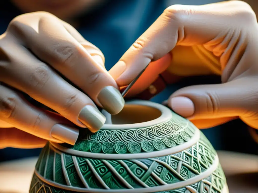 Un artesano moldea con precisión patrones en una delicada cerámica china, reflejando el arte milenario de la cerámica china con detalle y destreza