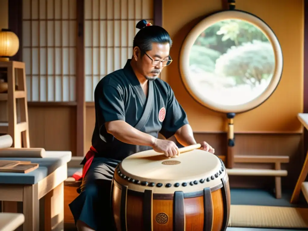 Artesano tallando con precisión un gran tambor taiko en un taller tradicional iluminado por luz natural