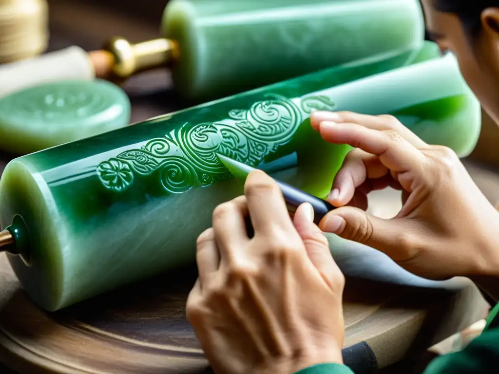 Artesano tallando un rodillo facial de jade, destacando los beneficios del uso del jade en la belleza