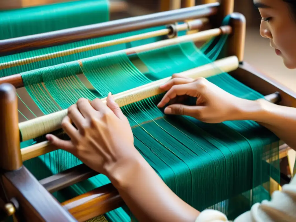 Artesano tejiendo seda con técnicas tradicionales asiáticas en moda