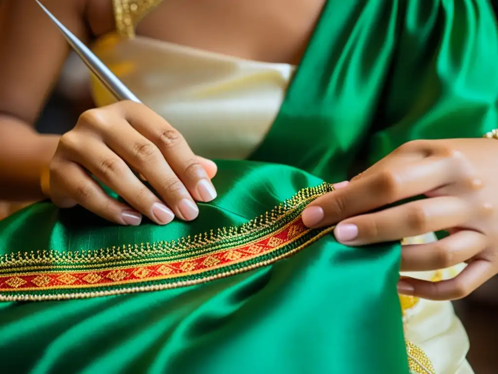 Artesano tailandés cosiendo con destreza un espectacular vestido de seda, destacando la alta costura y tendencias en Bangkok