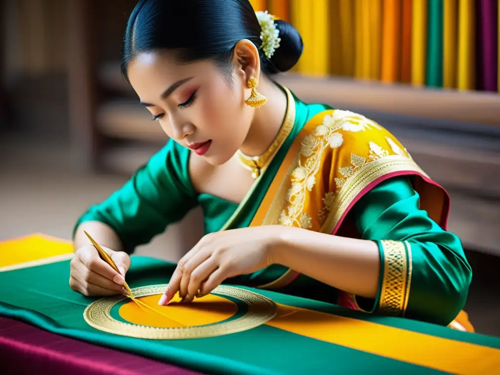 Un artesano tailandés teje con destreza un hermoso traje tradicional, rodeado de sedas coloridas y bordados dorados