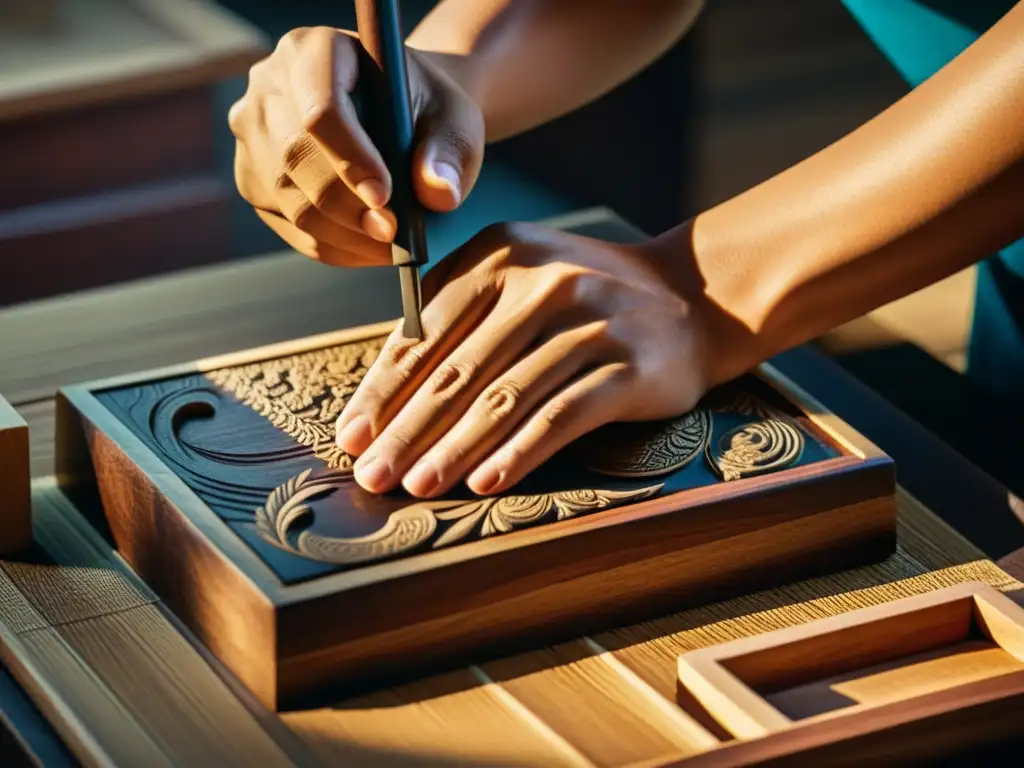 Un artesano talla con maestría caracteres intrincados en un bloque de madera, en un proceso tradicional de impresión asiática