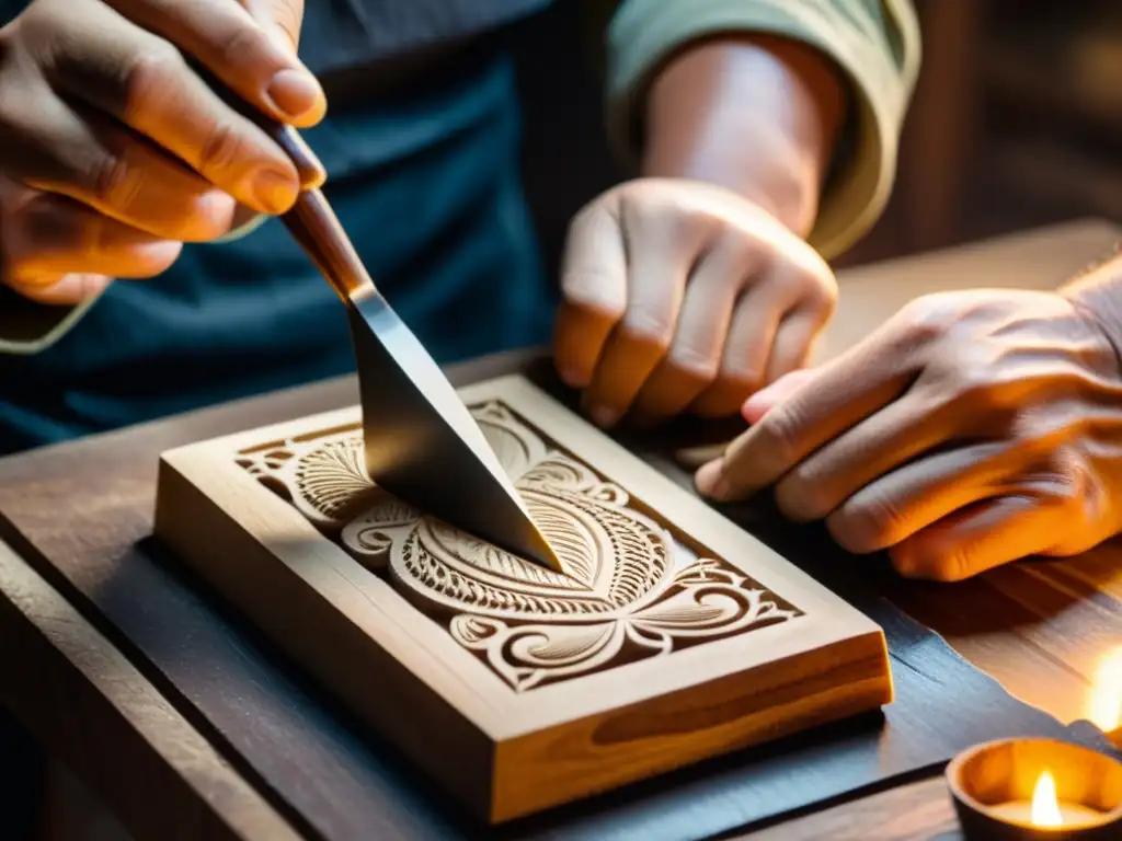 Un artesano talla con cuidado un bloque de impresión de madera en un taller con luz tenue, mostrando el impacto de la imprenta en Asia