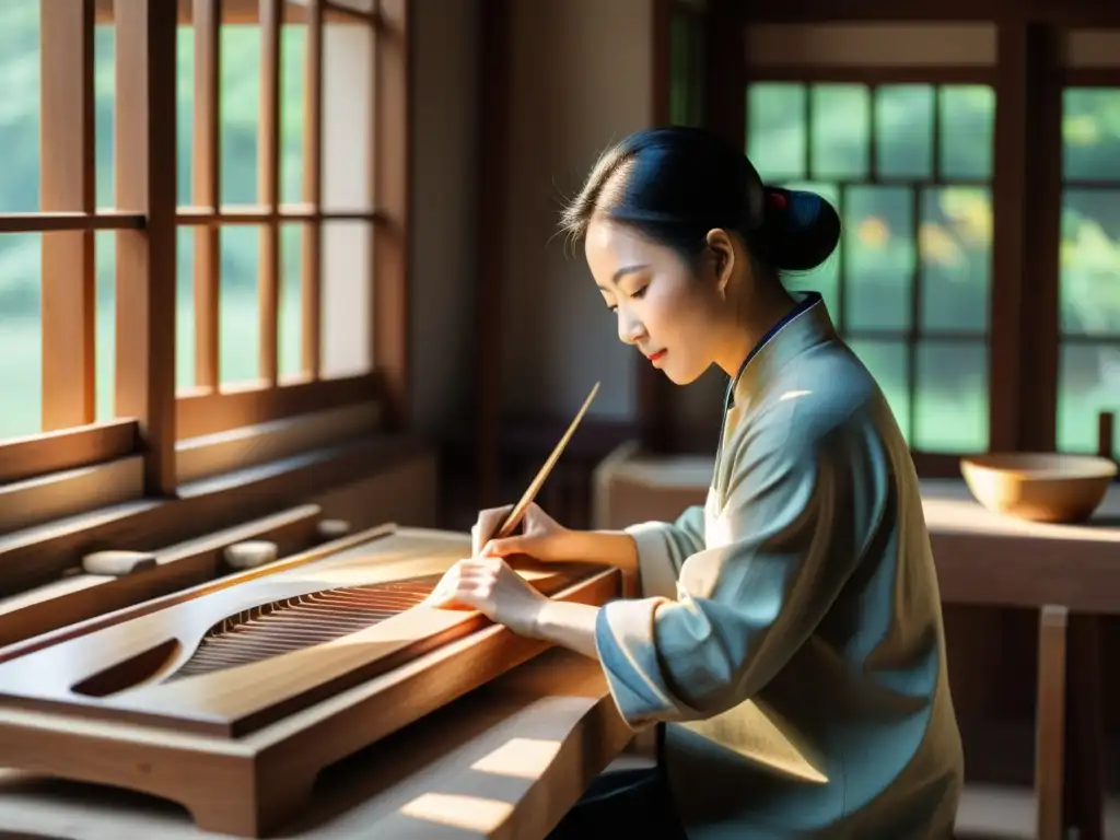 Un artesano talla con destreza el cuerpo de madera de un guzheng chino, iluminado por la luz del sol