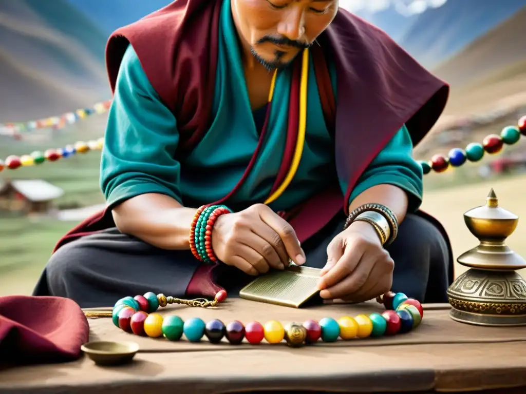 Un artesano tibetano crea con destreza una pulsera espiritual rodeado de colores vibrantes y paisaje montañoso sereno