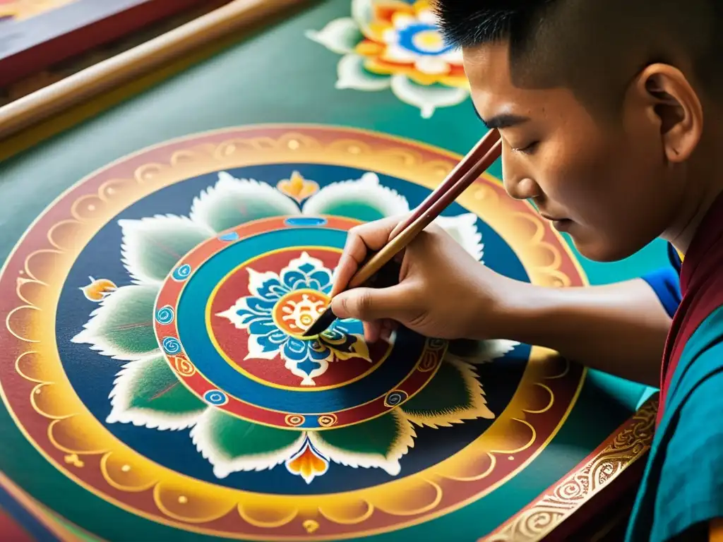 Un artesano tibetano crea con devoción una pintura thangka, capturando la esencia espiritual del arte tibetano budista