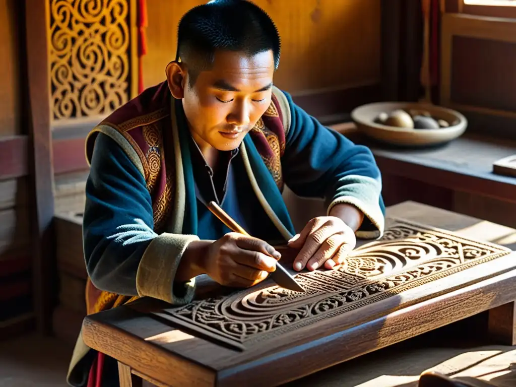 Un artesano tibetano talla con esmero en madera antigua, rodeado de herramientas tradicionales