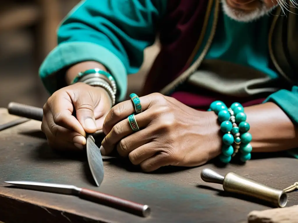 Un artesano tibetano crea con espiritualidad una pulsera de plata y turquesa, destacando la joyería tradicional tibetana