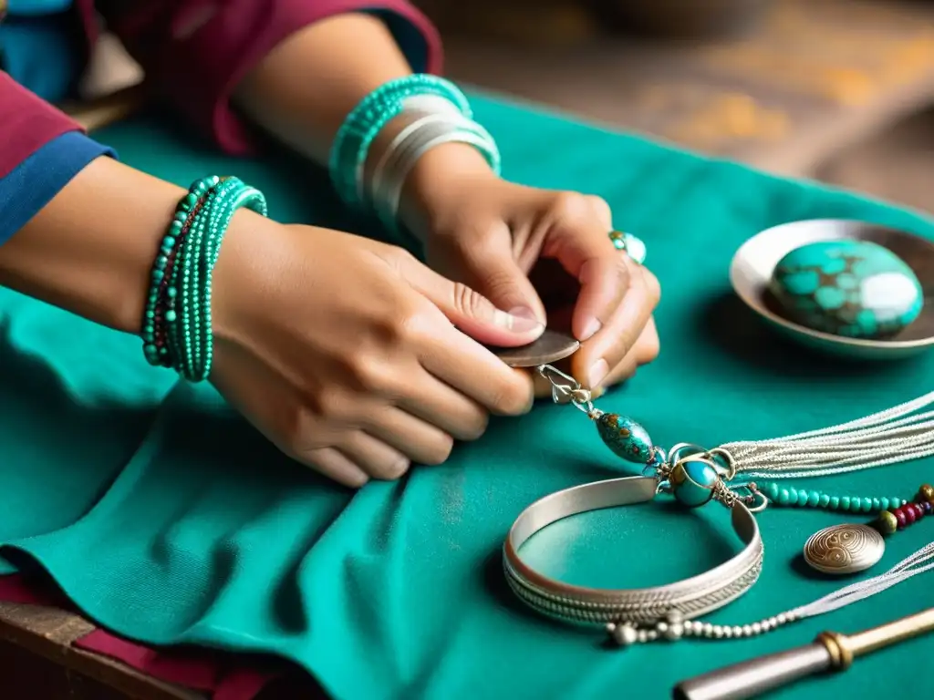 Un artesano tibetano experto en joyería tradicional, teje con cuidado un brazalete de plata y turquesa, transmitiendo la espiritualidad de su oficio