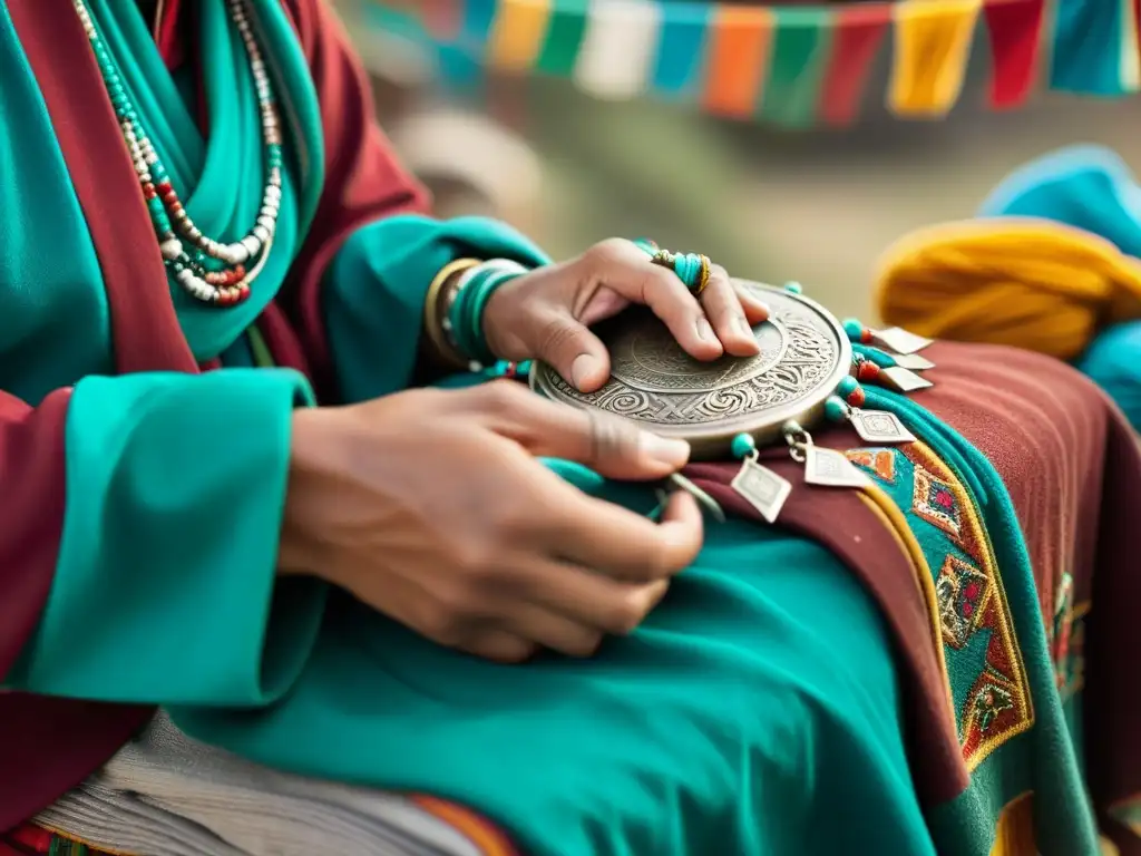 Artesano tibetano elaborando joyería tradicional con espiritualidad, rodeado de coloridas banderas de oración