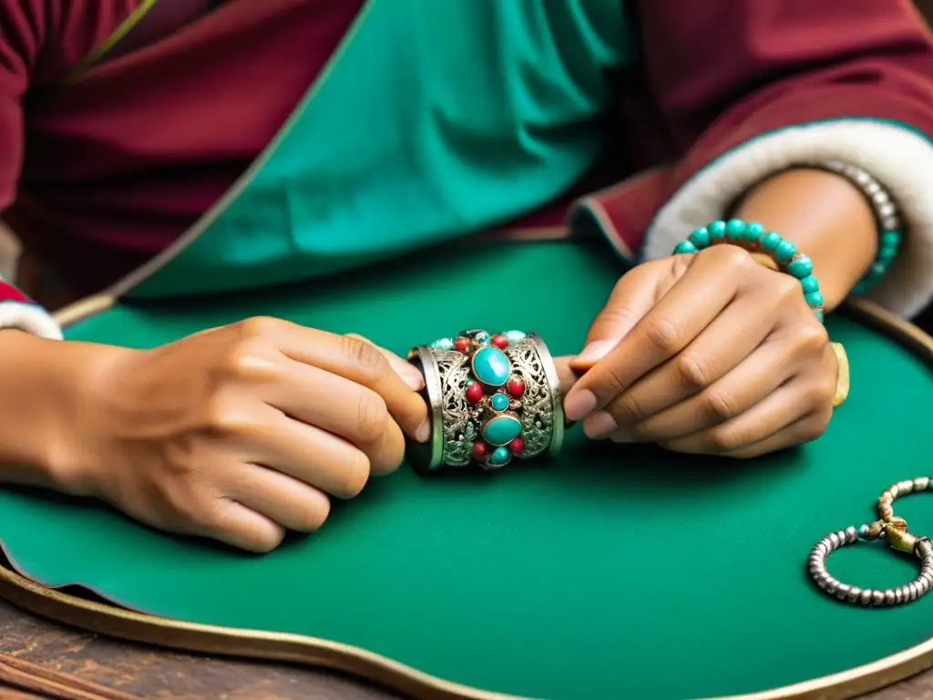 Un artesano tibetano crea una pulsera de plata y turquesa con intrincados detalles de filigrana, mostrando la espiritualidad de la joyería tradicional tibetana