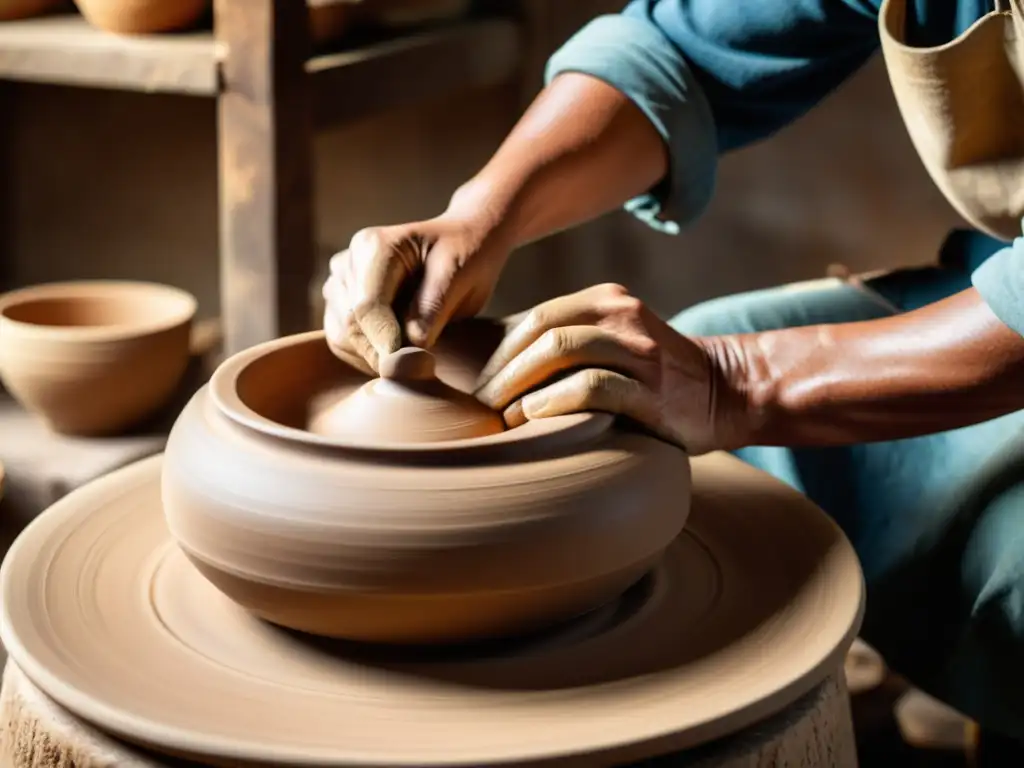 Artesano del Valle del Indo moldeando cerámica en torno tradicional con técnicas ancestrales, bañado en luz dorada de taller