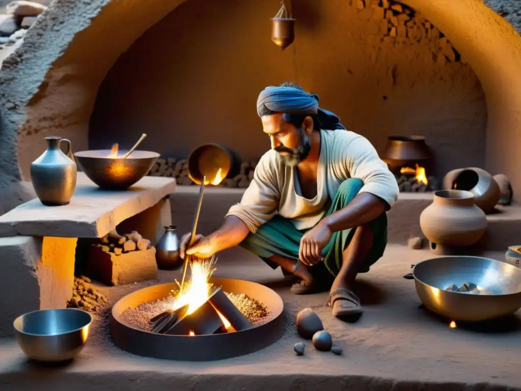 Artesano del Valle del Indo forja metal con herramientas tradicionales, destacando avances tecnológicos metalurgia Valle Indo