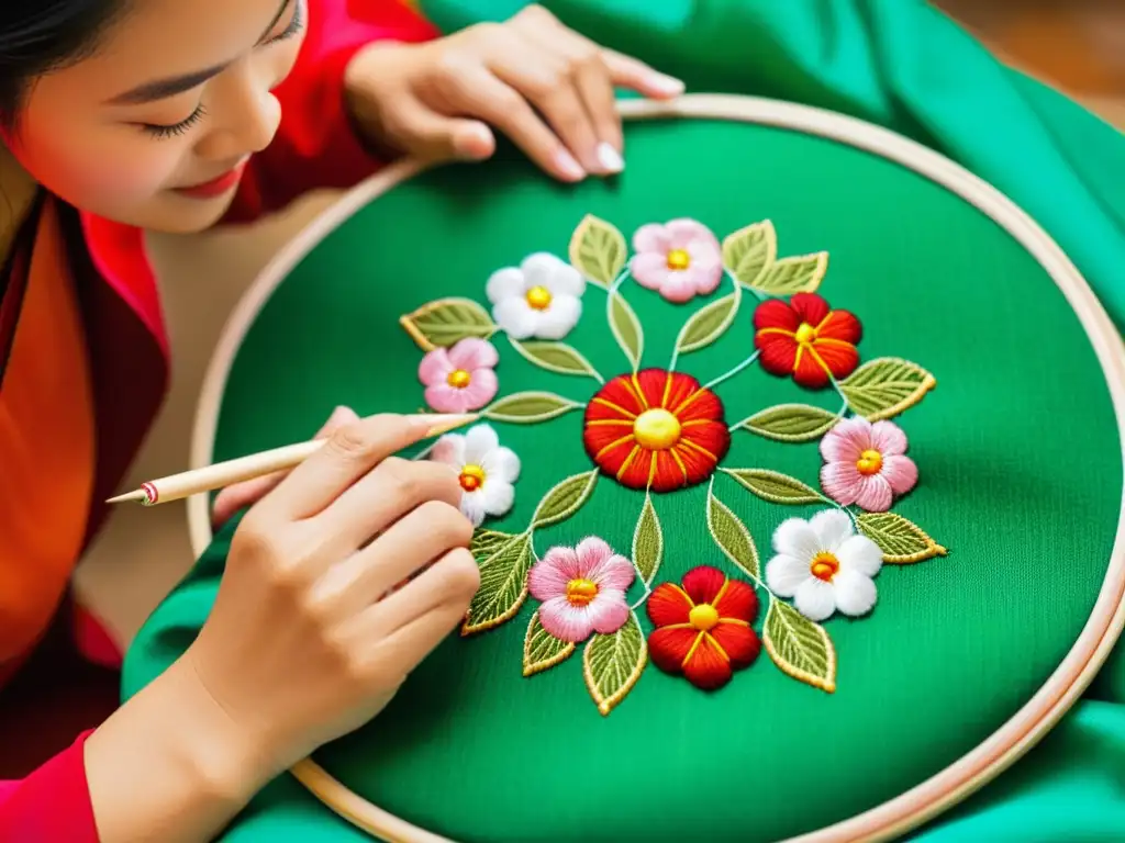 Un artesano vietnamita borda con destreza un diseño tradicional