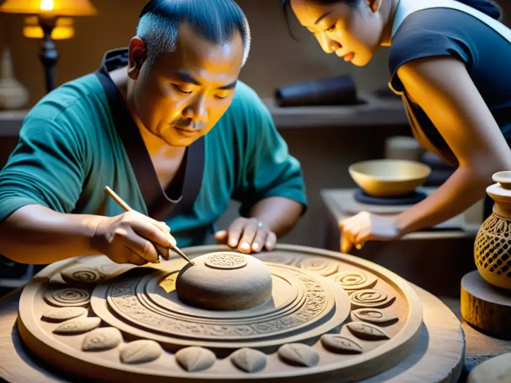 Artesanos restaurando antigüedades asiáticas, rodeados de herramientas antiguas y tallados intrincados, en una escena serena iluminada por luz natural