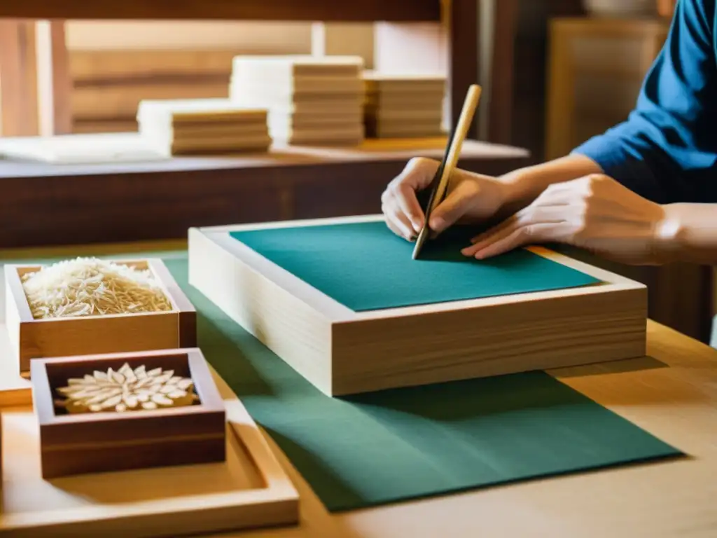 Artesanos asiáticos tallando bloques de madera para grabado, rodeados de papel artesanal y tintas vibrantes