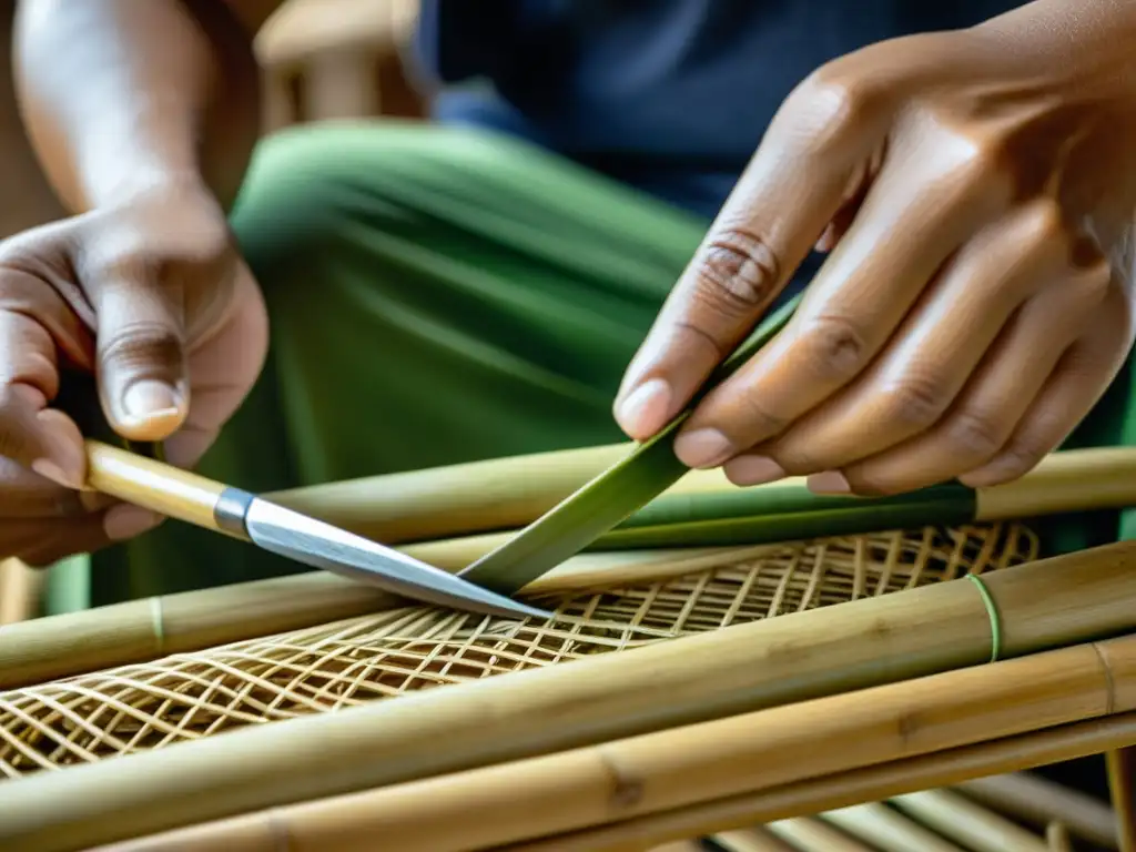 Artesanos asiáticos expertos crean muebles de bambú con métodos tradicionales