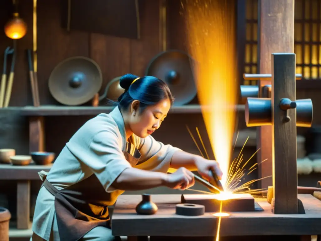 Artesanos asiáticos martillando y dando forma al metal para fabricación y simbolismo de gongs asiáticos en un taller tradicional